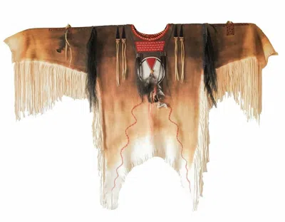 Pre-owned Handmade Old Beaded Fringe Hand Colored Buckskin Suede Leather Powwow War Shirt Pws26