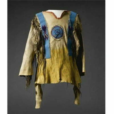 Pre-owned Handmade Old Native Style Beaded Fringes Colored Buckskin Leather Powwow War Shirt Ws146 In Hand Colored