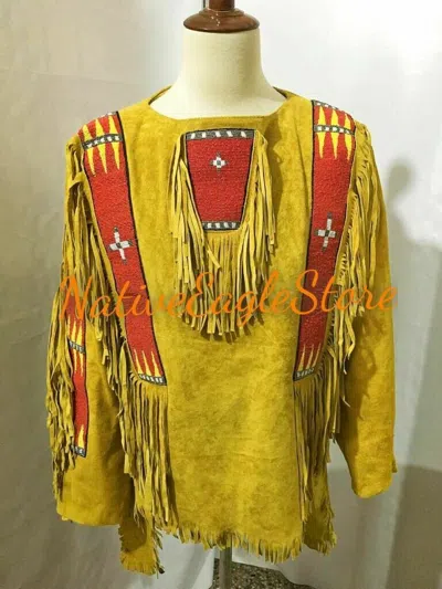 Pre-owned Handmade Old Style Beaded Fringe Buckskin Suede Leather Powwow Regalia War Shirt Ws186 In Brown