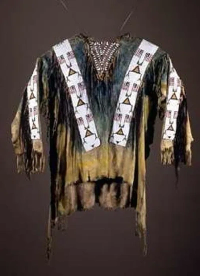 Pre-owned Handmade Old Style Beaded Fringe Hand Color Buckskin Suede Leather Powwow War Shirt Pws60 In Hand Colored Tan Green