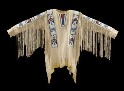 Pre-owned Handmade Old Style Beige Buckskin Suede Hide Fringe Sioux Beaded Powwow War Shirt Na138