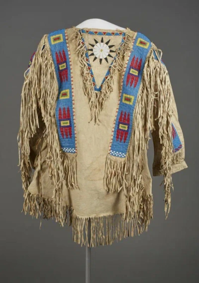 Pre-owned Handmade Old Style Beige Buffalo Suede Hide Fringes Beaded Powwow Regalia War Shirt Na235
