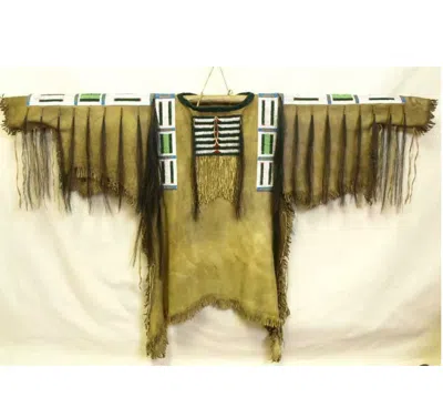 Pre-owned Handmade Old Style Tan Buckskin Suede Leather Fringe Beaded Powwow Regalia War Shirt N580 In Brown