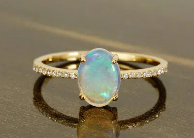Pre-owned Handmade Opal Ring 14k Gold With Diamonds Eternity Band / Yellow Gold Natural White