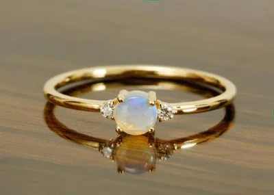 Pre-owned Handmade Opal Ring 14k Yellow Gold With Diamonds / Rose Gold Natural White Australian