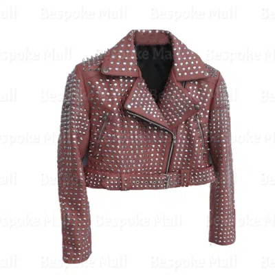 Pre-owned Handmade Peach Color Women Real Biker Leather Jacket Silver Studded Belted Waist-281