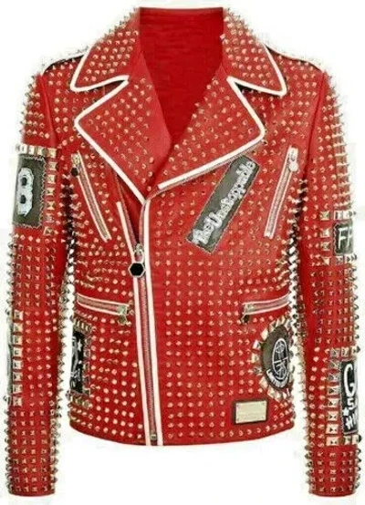 Pre-owned Handmade Philipp Plein Full Red Studded Embroidery Patches Leather Jacket Mens