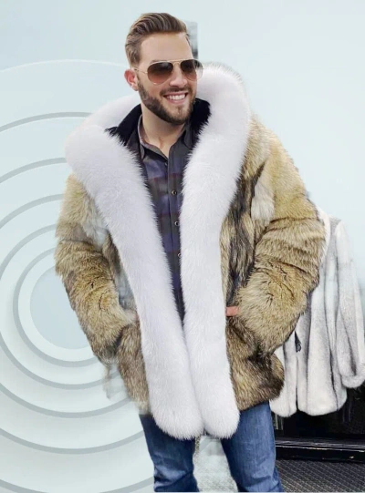 Pre-owned Handmade Real Coyote Fur Jacket Coat Fox Fur Trim All Sizes  Bespoke Made As Orde In Beige