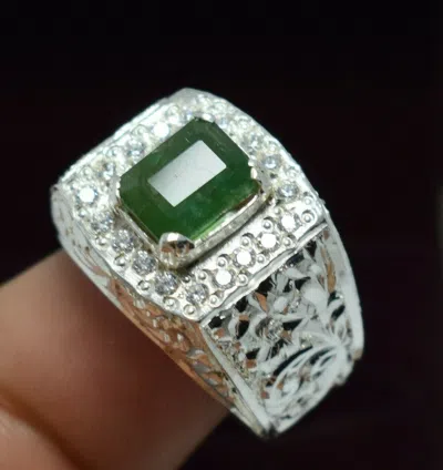 Pre-owned Handmade Real Green Emerald Ring Men Esmeralda Gemstone Handcrafted Zodiac Silver Jewelry