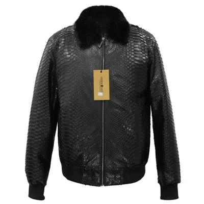 Pre-owned Handmade Real Python Leather Mink Fur Collar Men's Black Luxury Fashion  Jacket