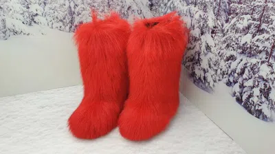 Pre-owned Handmade Red Goat Fur Winter Boots For Women, Snow Boots, Moutons,  By Litvin