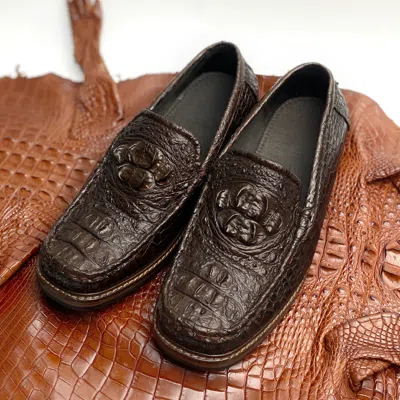 Pre-owned Handmade Size 11 Brown Mens Alligator Shoes Hornback Crocodile Leather Slip On Loafers