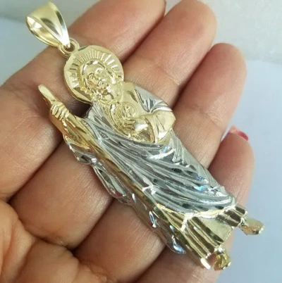 Pre-owned Handmade Extra Big Large 14k Yellow White Gold Saint Jude Pendant Charm 2.65 Inch Long