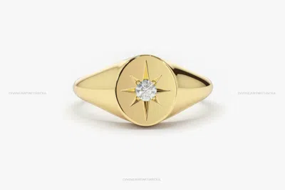 Pre-owned Handmade Solid Gold With Natural Diamonds 14k Star Pinky Signet Ring For Women's Rings In White