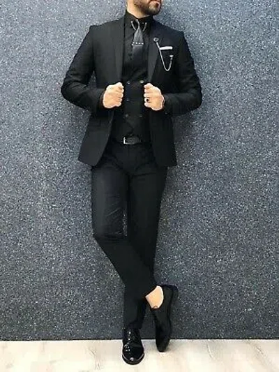 Pre-owned Handmade Special Gift For Him Suits Designer Wedding Party Wear Suits(coat+ Pant +vest) In Black