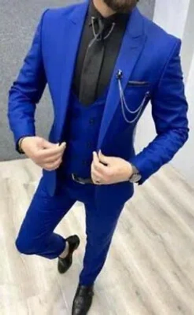 Pre-owned Handmade Special Gift For Him Suits Designer Wedding Party Wear Suits(coat+ Pant +vest) In Blue