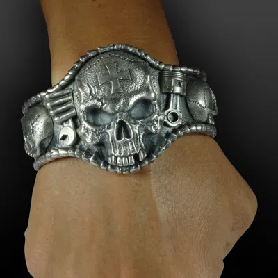 Pre-owned Handmade Sterling Silver 925 Bracelet Mens Biker Skull Ring  Bangle Harley Bike