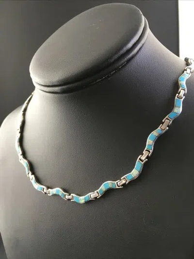 Pre-owned Handmade Sterling Silver Necklace Spiderweb Turquoise Opal Inlay Pendant 16" 10251