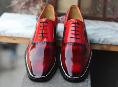 Pre-owned Handmade Tailor Made Men's Pure Red Leather Oxford Lace Up Dress Formal Shoes For Men