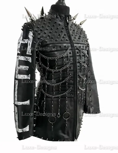 Pre-owned Handmade Unisex I Am Inhell Black Punk Long Spiked Studded With Chains Biker Leather Coat In Red Black