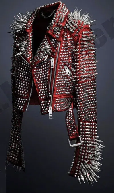 Pre-owned Handmade Unisex Multi Punk Rock Heavy Metal Long Spiked Studded Motorcycle Leather Jacket In Black