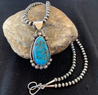 Pre-owned Handmade Us Mens Blue Kingman Turquoise Pendant Navajo Pearls Sterling Necklace 20" 12962