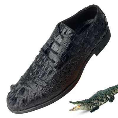 Pre-owned Handmade Us Size 13 Mens Crocodile Leather Lace-up Shoes Pointed Toe Alligator Skin Shoes In Black