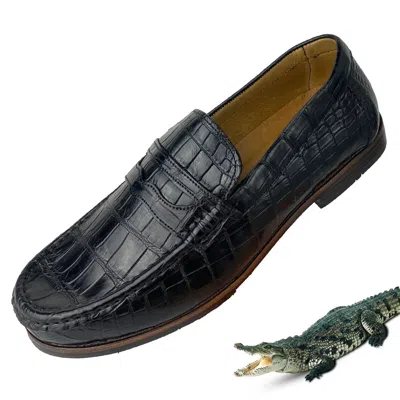 Pre-owned Handmade Us Size 14 Mens Crocodile Alligator Shoes Genuine Leather Penny Loafer Slip On In Black