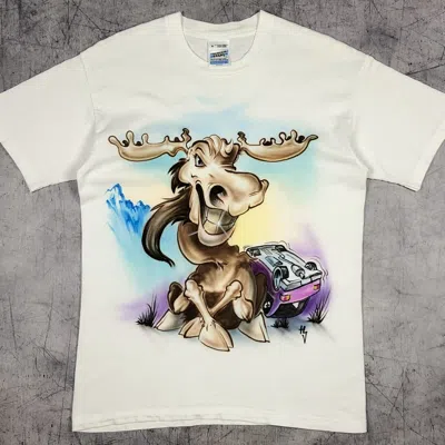 Pre-owned Handmade Vintage 90's 1of1 Aerograph Handpaint Moose On Road Tee In White