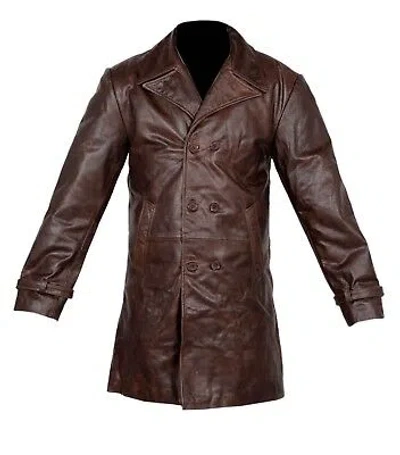 Pre-owned Handmade Vintage Men Brown Distressed Cow Hide Leather Knee Length Coat Jacket Uk