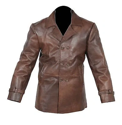 Pre-owned Handmade Vintage Men Real Leather Pea Coat Brown Distressed Cow Hide Jacket Uk