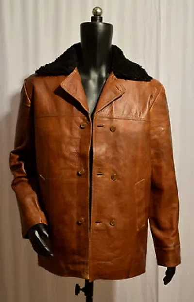 Pre-owned Handmade Vintage Mens Brown Distressed Cow Hide Real Leather Fur Collar Coat Jacket