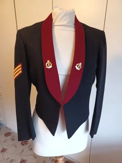 Pre-owned Handmade Vintage Military Uniform Black Wool & Burgundy Roll Collar Coat In Red