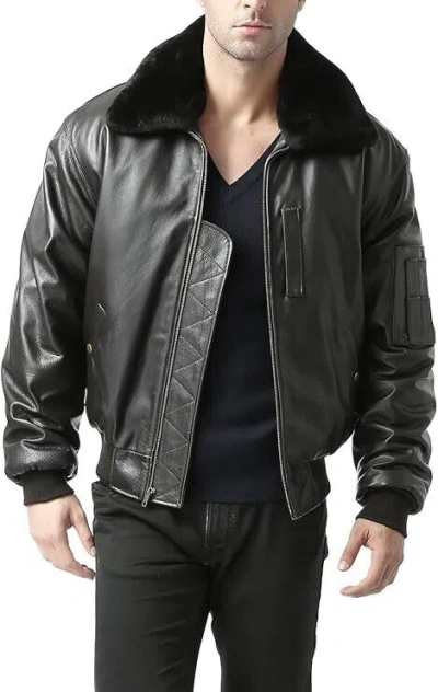Pre-owned Handmade Vintage Usa Leathers Men Air Force B-15 Leather Flight Bomber Jacket Fur Collar In Black