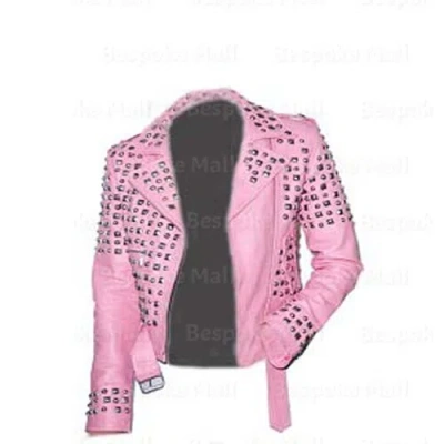 Pre-owned Handmade Woman's Baby Pink Half Silver Studded Unique Biker Leather Jacket Belted-894
