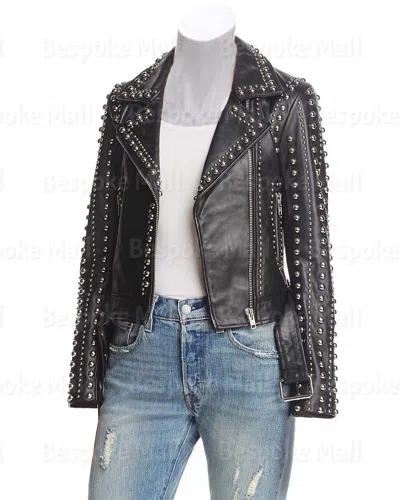 Pre-owned Handmade Woman's Black Brando Silver Studded Bike Cowhide Leather Jacket Belted-142
