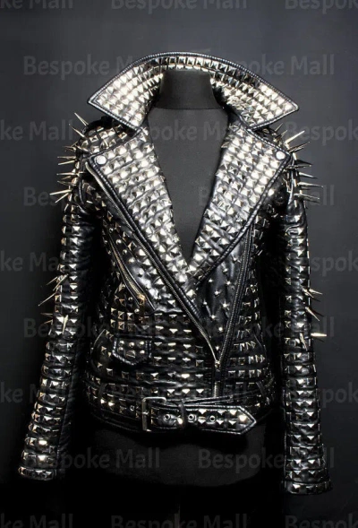 Pre-owned Handmade Woman's Black Full Silver Long Spiked Studded Punk Rock Leather Jacket-562