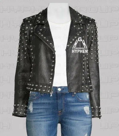 Pre-owned Handmade Woman Black Full Silver Metallic Studded Brando Style Biker Leather Jacket