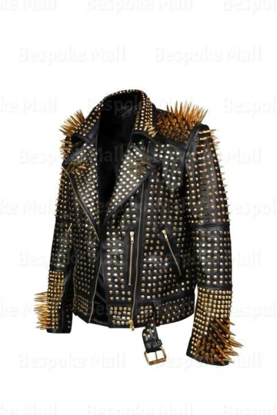 Pre-owned Handmade Woman Black Full Silver Spiked Punk Brando Style Cowhide Leather Jacket-111