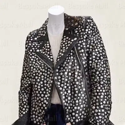 Pre-owned Handmade Woman Black Full Silver Studded Punk Unique Cowhide Biker Leather Jacket-393