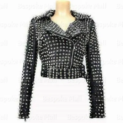 Pre-owned Handmade Woman Black Full Silver Studded Punk Unique Cowhide Biker Leather Jacket-735