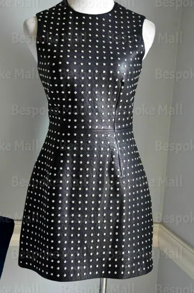 Pre-owned Handmade Woman's Black Full Silver Studded Punk Unique Real Cowhide Leather Dress-739