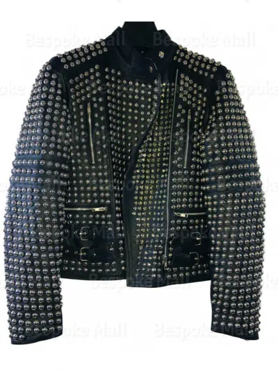 Pre-owned Handmade Woman Black Full Silver Studded Quilted Zippered Cowhide Leather Jacket-180