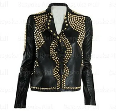 Pre-owned Handmade Woman's Black Golden Rounded Studded Vintage Designed Leather Jacket-1088