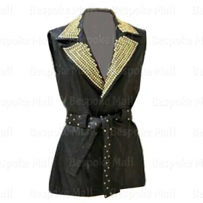 Pre-owned Handmade Woman's Black Golden Rounded Studded Vintage Designed Leather Long Vest-299