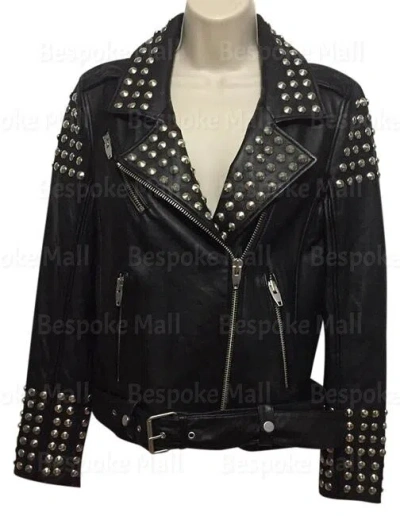 Pre-owned Handmade Woman Black Golden Spiked Studded Brando Style Motorbike Leather Jacket-140