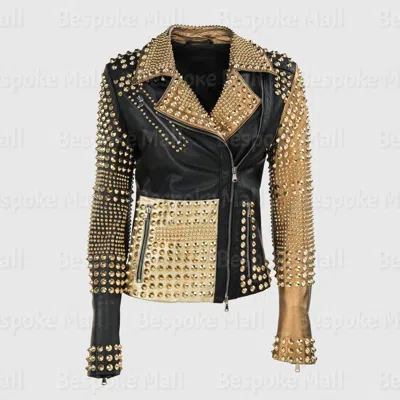 Pre-owned Handmade Woman Black Golden Studded Brando Punk Unique Rock Biker Leather Jacket-905 In Black & Golden