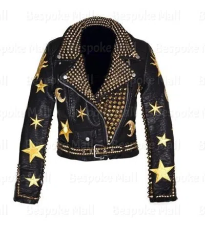 Pre-owned Handmade Woman's Black Golden Studded Embroidery Patches Cowhide Leather Jacket-899