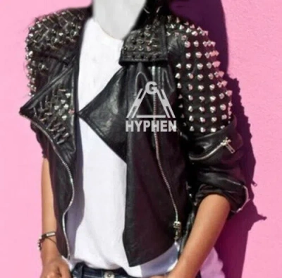 Pre-owned Handmade Woman Black  Silver Spiked Studded Unique Short Biker Leather Jacket