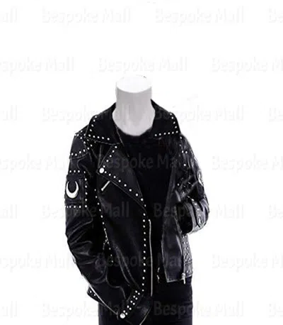 Pre-owned Handmade Woman Black Moon Star Silver Studded Unique Cowhide Biker Leather Jacket-23